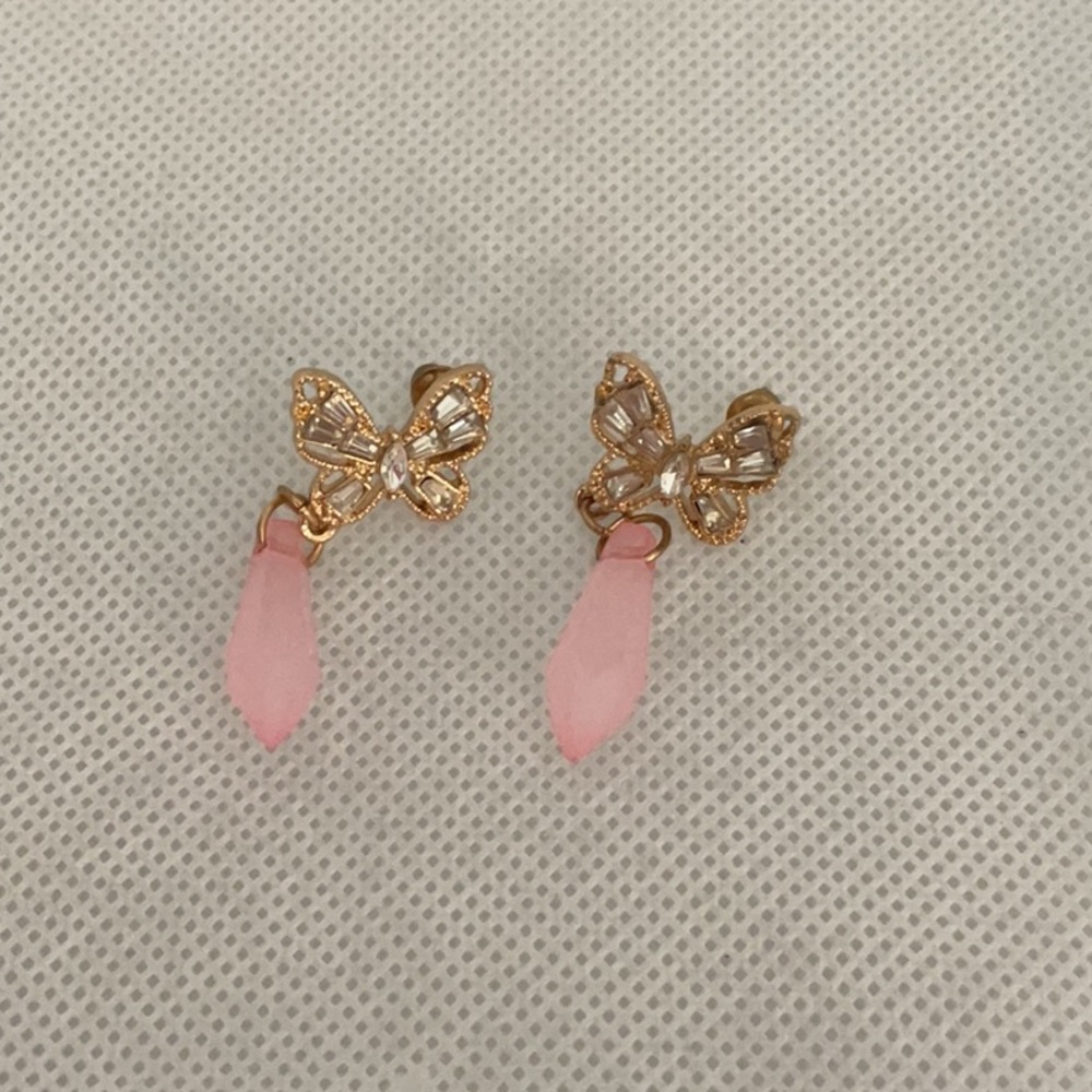 Sale! Hot Topic Butterfly & Crystal Drop Earrings, Gold Tone/Pink/White
